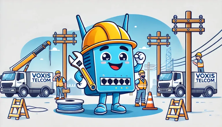 Playful illustration of LD, the Voxis Telcom router character, wearing a hard hat and holding a wrench, with a happy expression as construction crews install new telephone poles in the background. The image reflects Voxis Telcom's commitment to upgrading services.