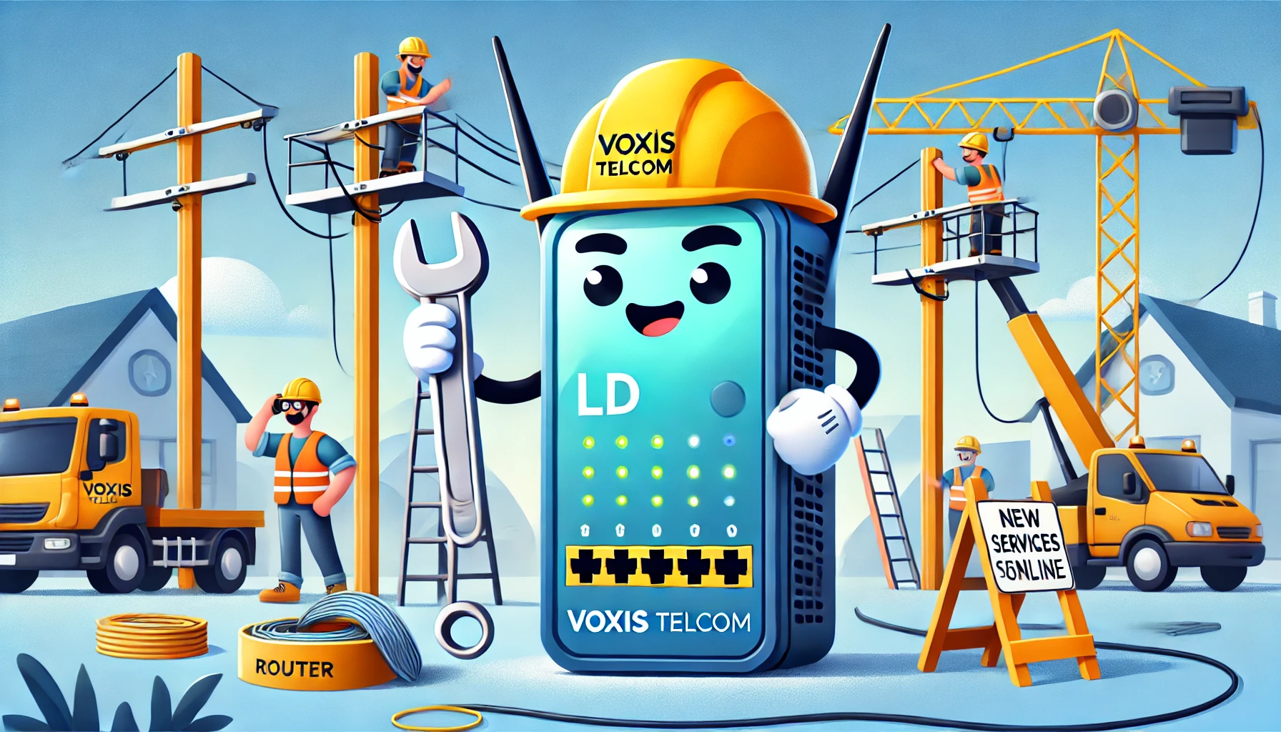 Playful illustration of LD, the Voxis Telcom router character, wearing a hard hat and holding a wrench, with a construction crew installing telephone poles in the background. LD looks excited about new services coming online.